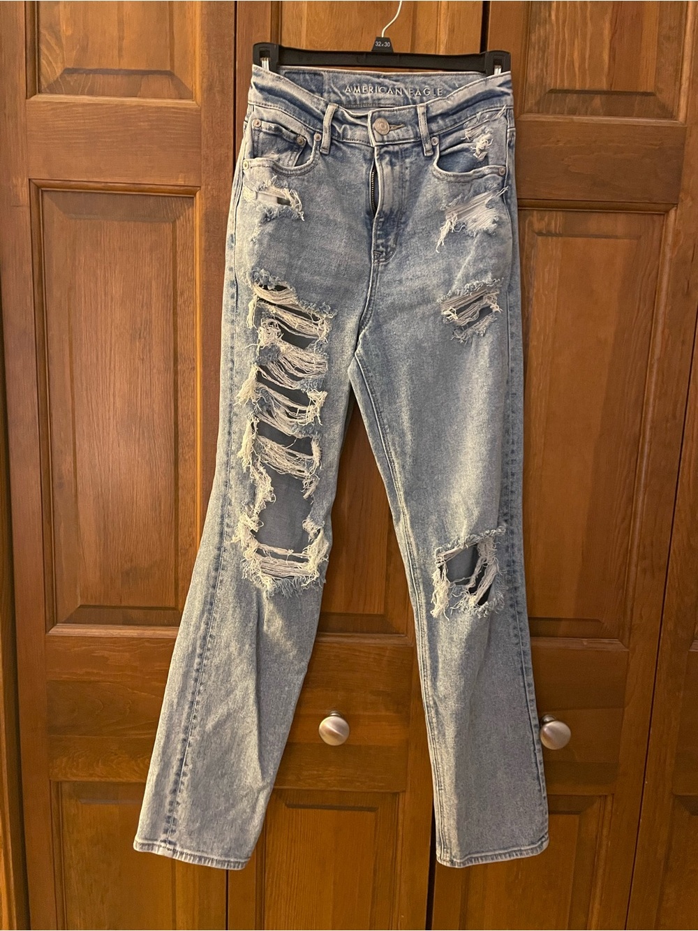 American Eagle Outfitters Ripped Straight Leg Jeans - Light Blue